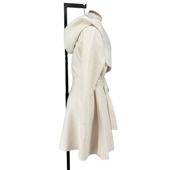BCBG Max Azria Double Face Wool Blend Cream Wrap Coat Hooded Large Womens - Picture 3 of 12